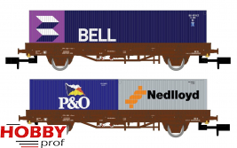 NS, 2-unit set flat wagons Kbs, brown livery, loaded with one 40' container BELL and two 20' contain