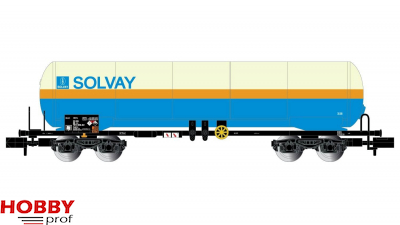 SNCB, 4-axle gas tank wagon, white/blue livery, "SOLVAY"
